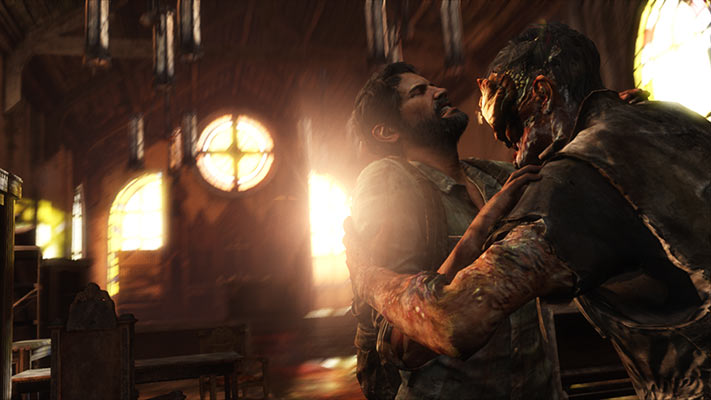 Joel lutando com um zumbi