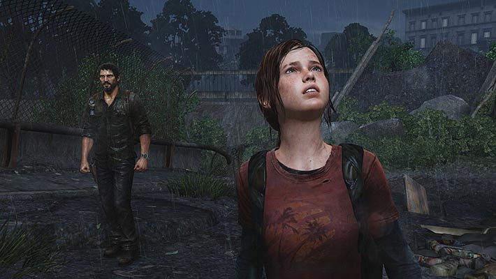 Joel e Ellie na chuva